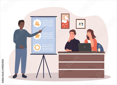 Two employees listening to manager talking about managing skills. Concept of striving to evolve as an office worker and work more efficiently with new skills. Flat cartoon vector illustration