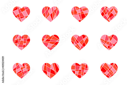 Set of red polygonal hearts, romantic decoration for Valentine's Day. Symbols of love, relationships and romance for the on February 14.