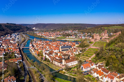 Aerial view, Wertheim with castle, river Main and Tauber, Baden-Württemberg, Germany