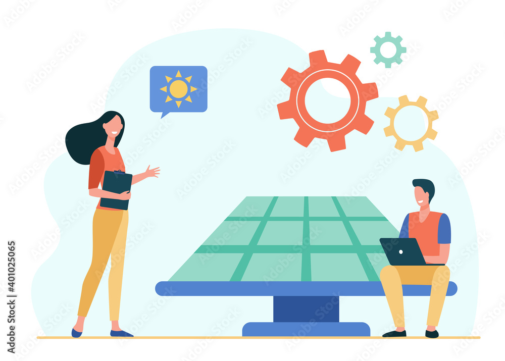 People working on solar electric plant. Man with laptop, team, gears flat vector illustration. Renewable energy, engineering, innovation concept for banner, website design or landing web page