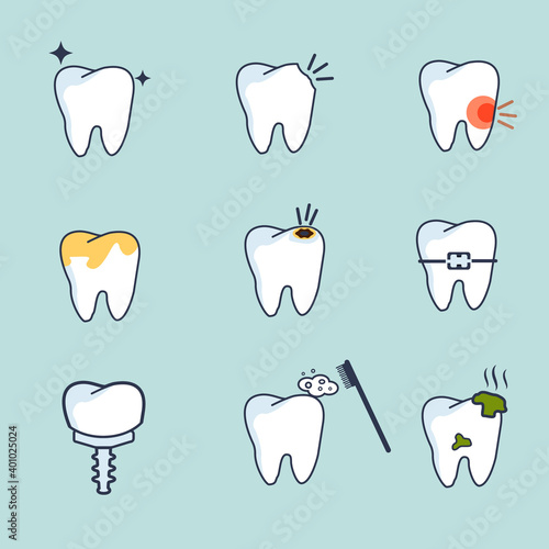 Vector set of tooth icons. Dentistry icons collection. Teeth diseases.