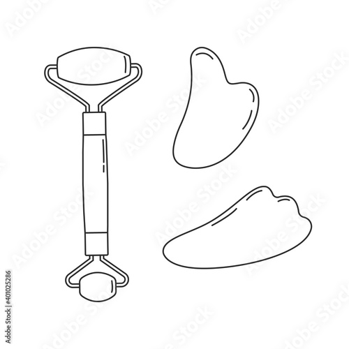 Skin care products for SPA. Line vector set of massage roller, gua sha stone isolated on white background. Home beauty routine essensials concept. Flat vector hand drawn illustration. 