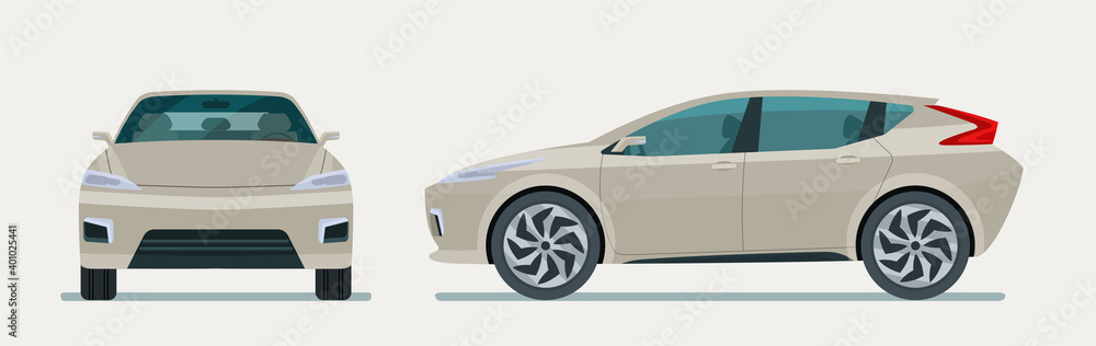 Modern electric CUV car isolated, side and front view. Vector flat style illustration.