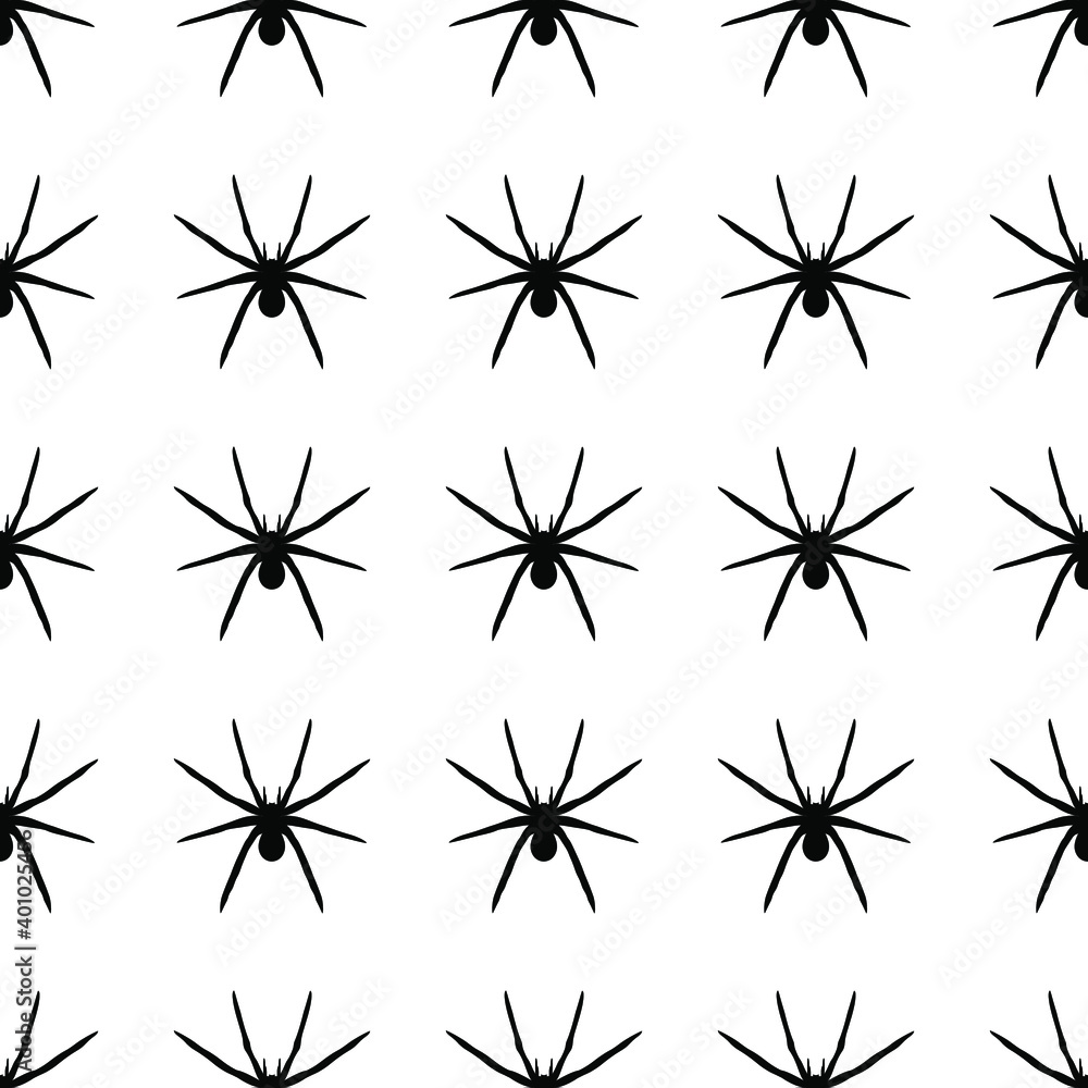 Seamless pattern of black spiders on a white background. Abstract creative composition. Geometric spiders ornament. Vector illustration for fabric design, textile print, packaging, scrapbooking, etc.