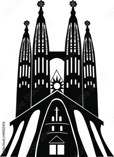 Vector illustration of La Sagrada Familia, the cathedral designed by Antoni Gaudi. La Sagrada Familia black silhouette. Isolated vector.