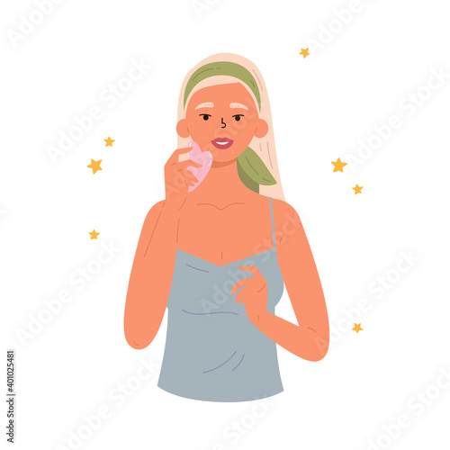 Facial Gua Sha massage. Woman with facial gua sha stone. Facial yoga. Young woman massaging her face. Anti-aging traditional chinese medicine self care method. Vector flat illustration on white. 