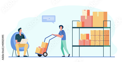 Warehouse workers using laptop and carrying boxes on wheelbarrow. Box, parcel, cargo flat vector illustration. Storage, shipping, logistics concept for banner, website design or landing web page