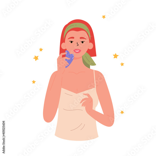 Facial Gua Sha massage. Woman with facial gua sha stone. Facial yoga. Young woman massaging her face. Anti-aging traditional chinese medicine self care method. Vector flat illustration on white. 