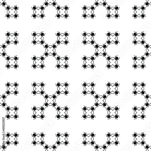 Seamless pattern of black spiders on a white background. Abstract creative composition. Geometric spiders ornament. Vector illustration for fabric design  textile print  packaging  scrapbooking  etc.