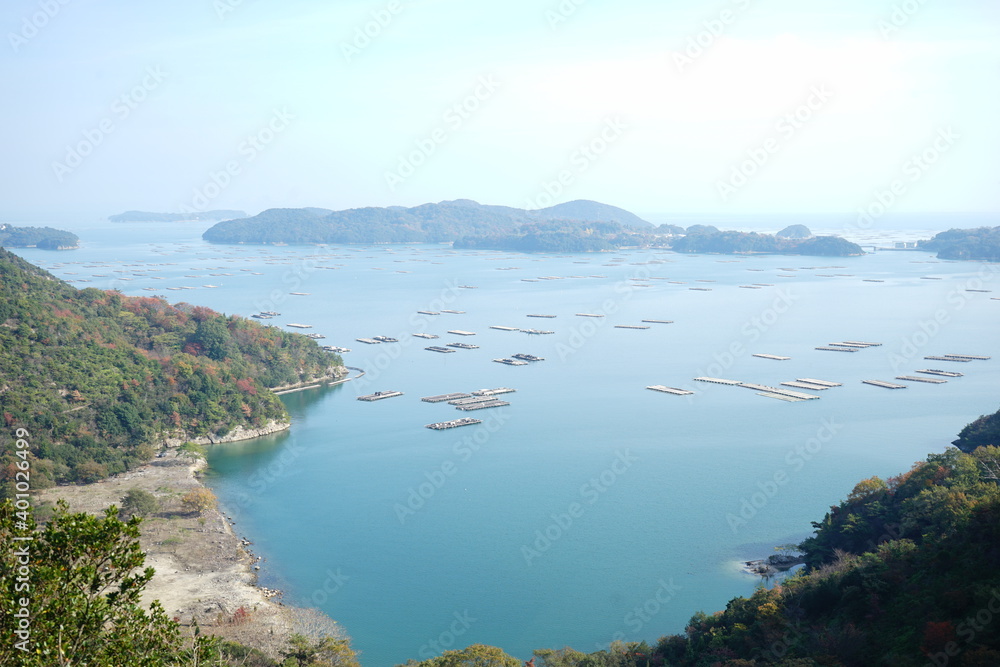 Aerial view of Seto inland sea with oyster farm in Japan - 日本 岡山県瀬戸内 虫明迫門の曙 (迫門の曙) 牡蠣筏	