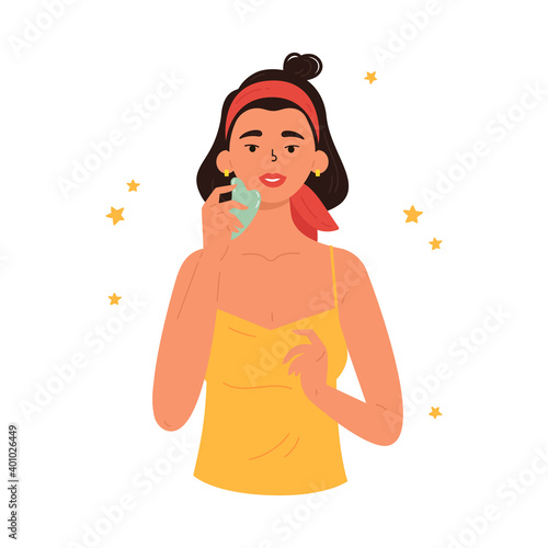 Facial Gua Sha massage. Woman with facial gua sha stone. Facial yoga. Young woman massaging her face. Anti-aging traditional chinese medicine self care method. Vector flat illustration on white. 