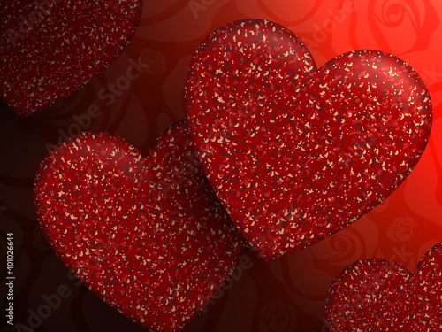 Red composition with a gradient, silhouettes of bright red textured hearts, dull silhouettes of rose flowers