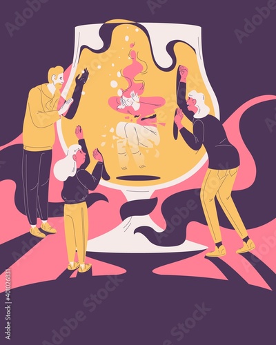 Woman sinks in a beer glass and her family cannot reach her. Sad and depressed character who does not listen to society and becomes alcoholic. Social problem of heavy drinking