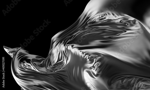 3d render of abstract black and white monochrome art of 3d background with part of silky textile drapery in curve wavy lines with a lot of wrinkles in matte liquid aluminum metal material