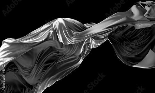 Fototapeta Naklejka Na Ścianę i Meble -  3d render of abstract black and white monochrome art of 3d background with part of silky textile drapery in curve wavy lines with a lot of wrinkles in matte liquid aluminum metal material
