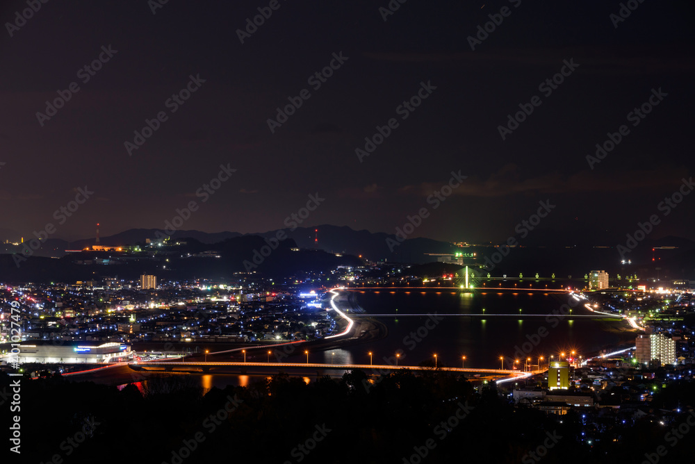 Night view of the Fukuyama city area from the top of the mountain.