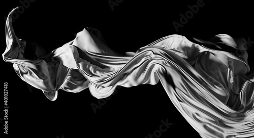 Fototapeta Naklejka Na Ścianę i Meble -  3d render of abstract black and white monochrome art of 3d background with part of silky textile drapery in curve wavy lines with a lot of wrinkles in matte liquid aluminum metal material