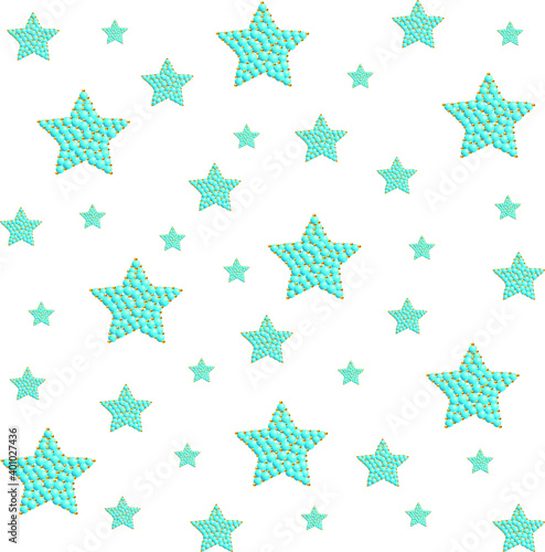 Blue stars on a white background, blue stones, beads, turquoise. Seamless pattern.3D vector illustration for fabric design, print for textile, scarf, underwear, packaging, wrapping, scrapbooking, etc.