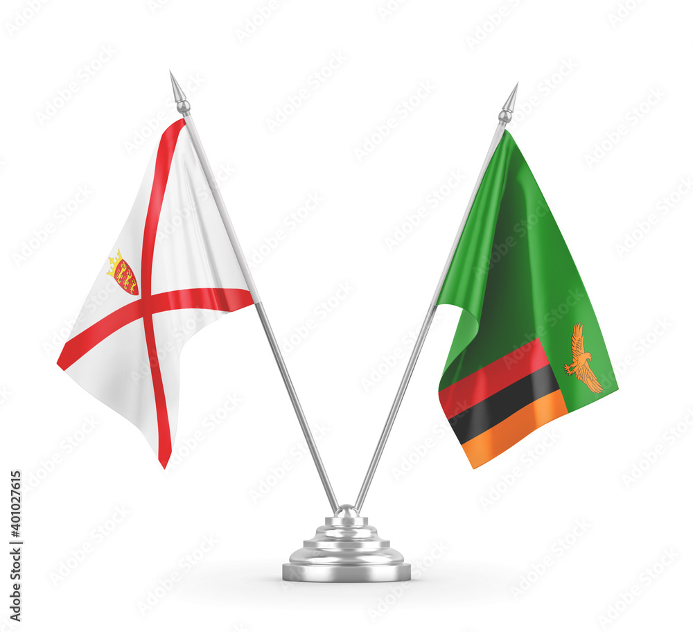 Zambia and Jersey table flags isolated on white 3D rendering Zambia and Jersey table flags isolated on white 3D rendering
