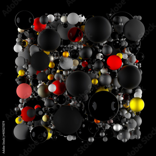 3d render of abstract art with surreal cube or box based on small and big Christmas balls in plastic glass and metal material in black yellow and red color on isolated black background