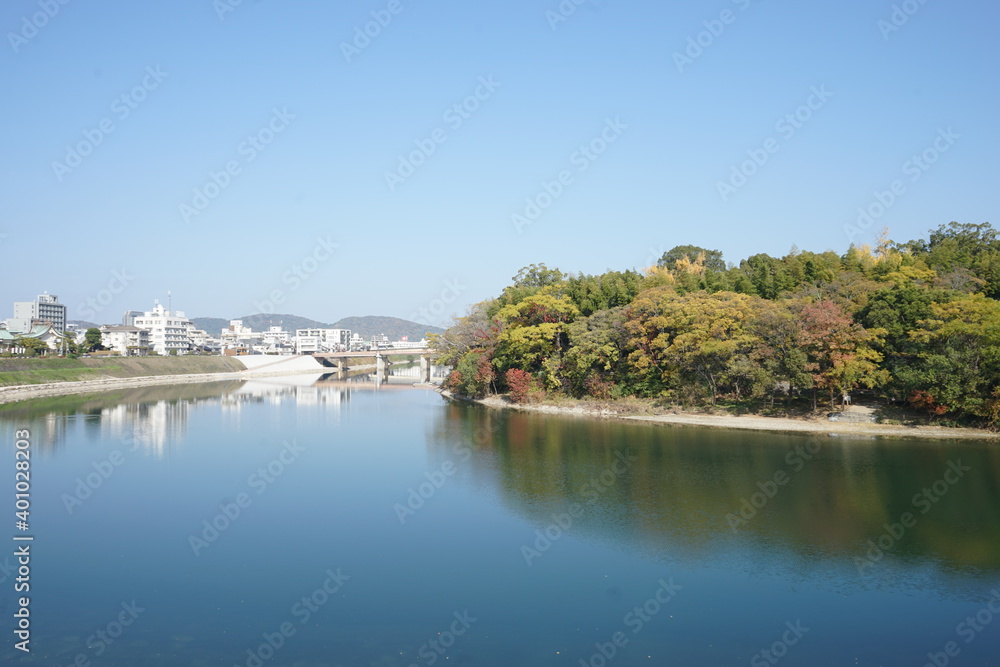 Asahi River and Tsukimi Bridge in Okayama prefecture, Japan - 月見橋と旭川 岡山県 日本