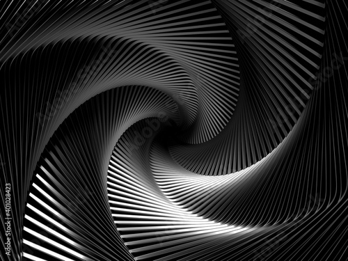 Fototapeta Naklejka Na Ścianę i Meble -  3d render of abstract black and white monochrome  art 3d background with spiral twisted fractal stairs funnel or tunnel based on curve matte metal aluminum parts  