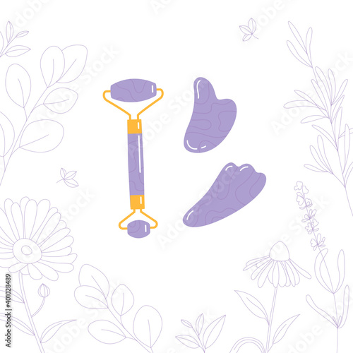 Skin care products for SPA. Vector set of massage roller, gua sha stone isolated on white background with flowers. Home beauty routine concept. Flat vector hand drawn illustration. 