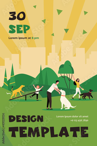 Happy people walking with dogs at city park isolated flat vector illustration. Cartoon characters training their pets in special area. Animals and outdoor activity concept