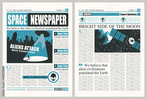 Space Newspaper with illegible text, headlines and illustrations on the topic of extraterrestrial civilizations. Vector template for a newspaper layout on a theme of invasion of UFOs and aliens attack