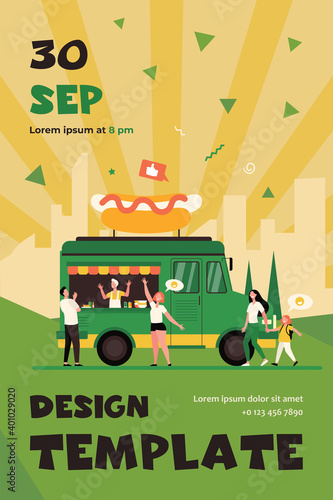People visiting street food festival and buying snacks in trucks. Flat vector illustration for fair, summer event, market, vendors concept