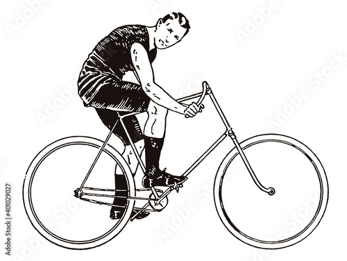 Man from the 19th century riding a vintage sporting bicycle and looking to the side