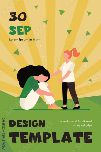 Girl trying to help sad woman. Sadness, child, grief flat vector illustration. Depression and melancholy concept for banner, website design or landing web page