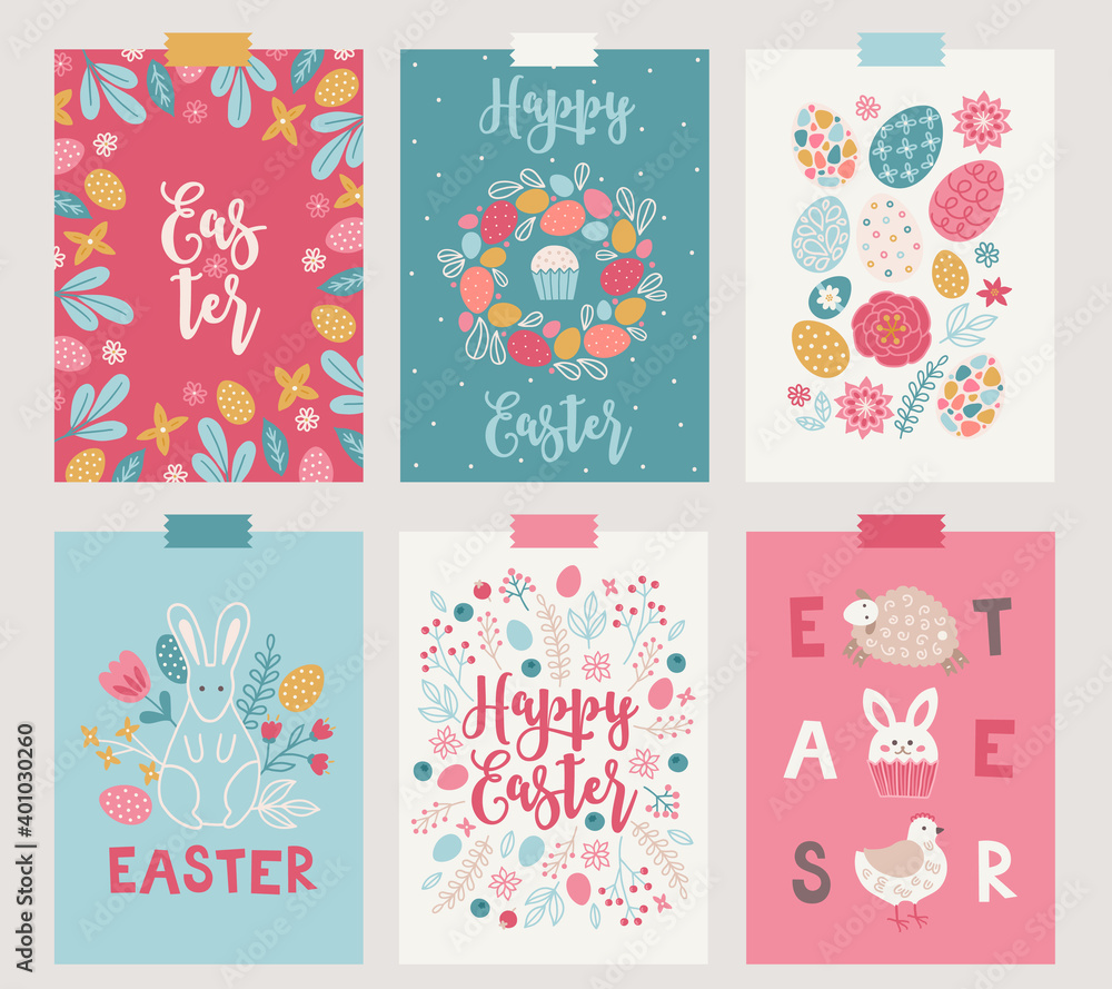 Easter greeting cards with eggs, berries, bunny, sheep, hen, leaves