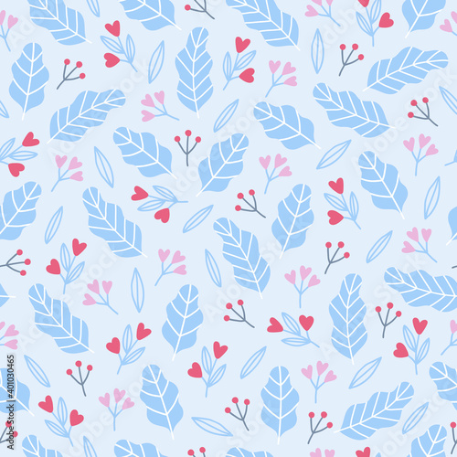 Valentine seamless pattern with hearts, leaves, berries, flowers. Vector illustration