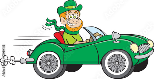 Cartoon illustration of a leprechaun driving a convertible sports car. © bennerdesign