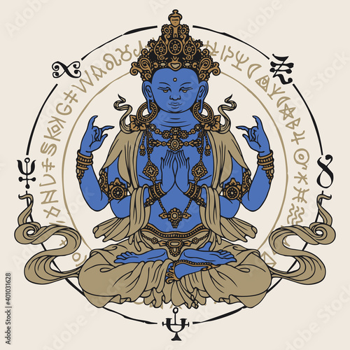 Banner with hand-drawn Krishna meditating in the lotus position. Decorative vector illustration of a seated Krishna inside a circle in retro style. Suitable for greeting card, medallion, amulet