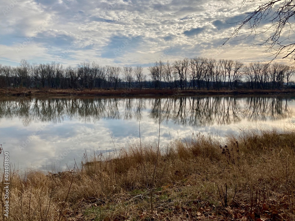 reflection of clouds and trees in river reflection of clouds and trees in river