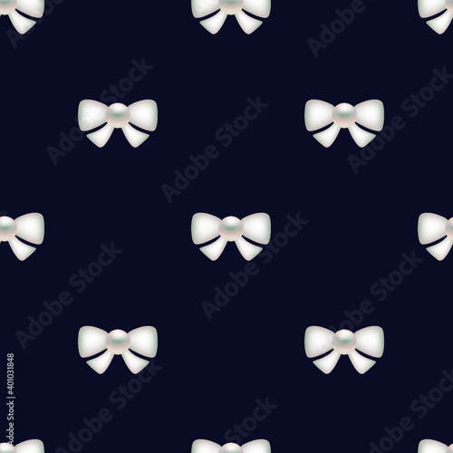 White bows and pearls on blue background. 3D Vector illustration for fabric design, print for textile, scarf, underwear and packaging. Textile pattern, print pattern, wrapping. Seamless pattern.