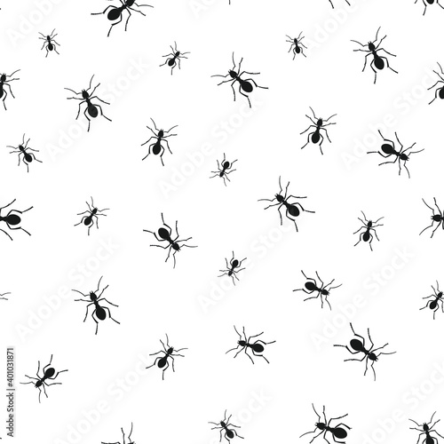 Vector illustration with ants. Creative design with black ants on a white background. Insect in black and white concept. Textile, print pattern. Fashion illustration, fashion print. Seamless pattern.