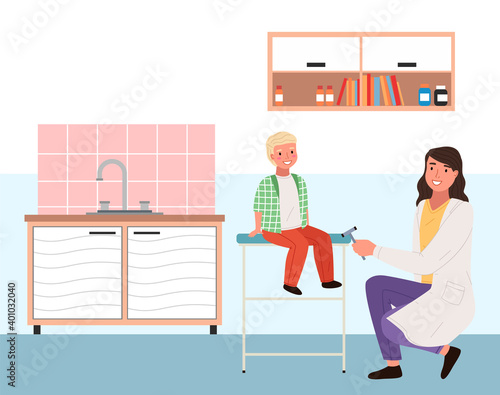 Female neuropathologist examining child. Boy with doctor together in the pediatrician s office. Woman works with a reflex hammer. Kid is visiting doctor during regular medical checkup in the hospital