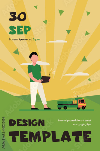 Boy playing with radio controlled toy. Truck, car, remote control flat vector illustration. Childhood, activity, fun concept for banner, website design or landing web page