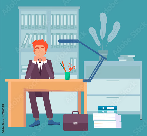 Sleeping businessman vector flat illustration man with closed eyes at a table in office workspace. Tired sleepy male character office worker in brown suit, sitting at the desk keeps his head on fists