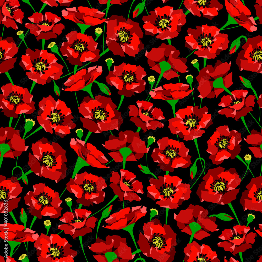 Flower pattern red poppy with buds floral seamless colorful background