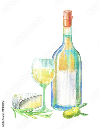 White wine bottle rosemary  grapes and cheese.Picture of a alcoholic drink.Watercolor hand drawn illustration. 