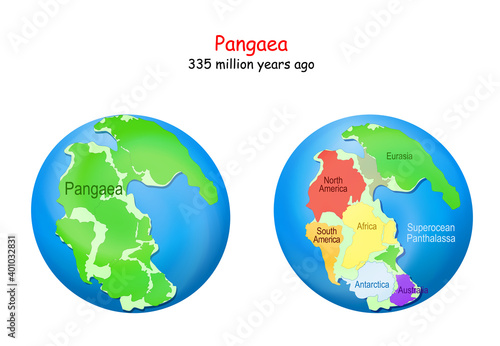 Pangaea maps with modern continental borders, and Superocean Panthalassa. photo