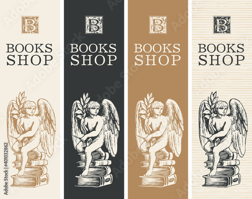 Set of banners for a books shop with the initial letter B, an inscription and a hand-drawn angel sitting on the books. Vector illustration in retro style, suitable for flyer, label, bookmark, poster