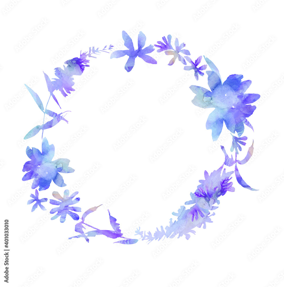Round wreath of watercolor flowers in blue scheme