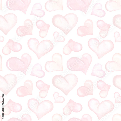 Watercolor seamless pattern with hearts isolated on white background.