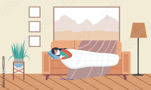 Female character having a cold and lying on the sofa. Masked woman is sick vector illustration. Girl is being treated for flu with different medicines in apartment. Self-isolation patient at home