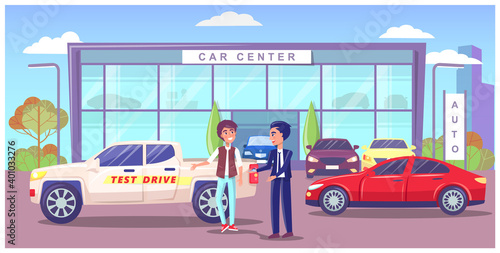 Car center, exhibition pavilion, showroom building with different modern automobiles, man seller manager giving keys to owner. People standing outdoor near white jeep with inscription test drive